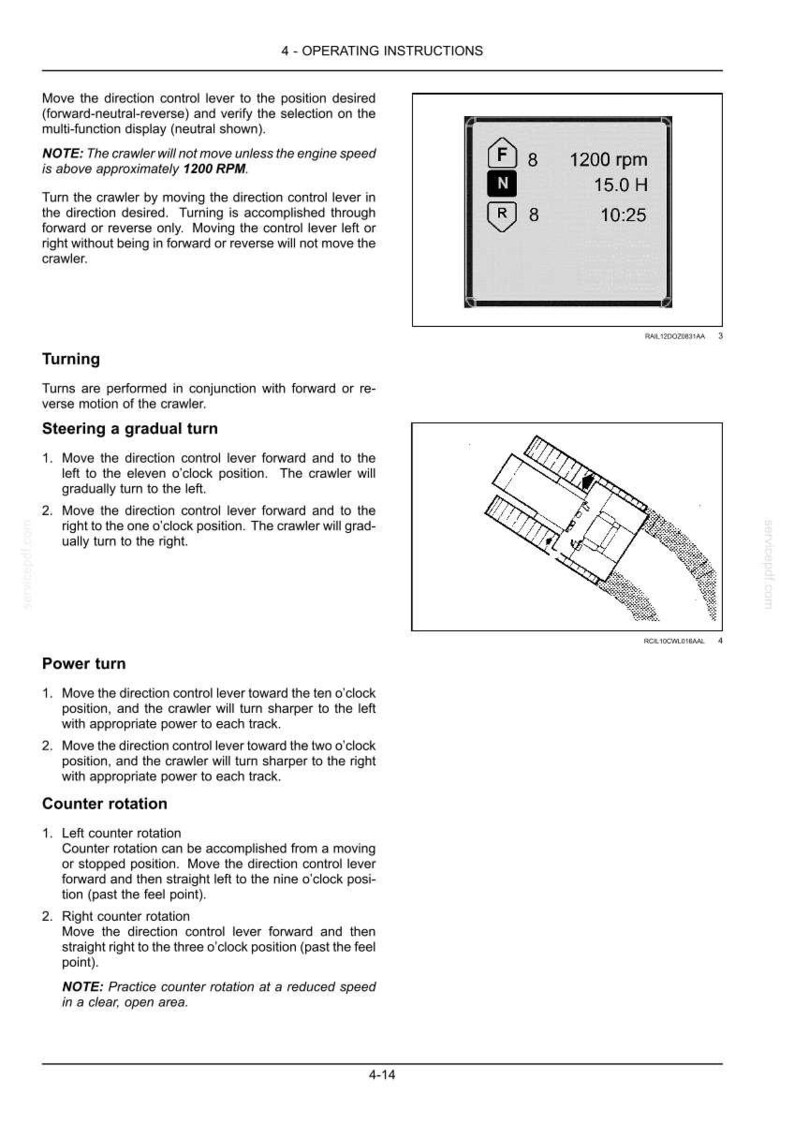 May include: Page from an operating manual with instructions for a crawler. Includes diagrams and text on turning, power turns, and counter rotation. Displays a multi-function display showing speed and time.