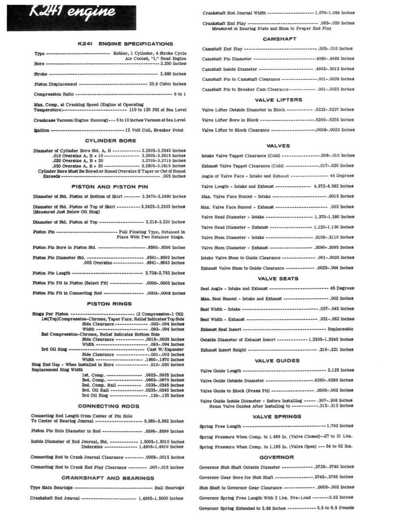 May include: A detailed specification sheet for a K241 engine, featuring technical data on bore, stroke, piston, valves, and other engine components. The document includes measurements in inches.
