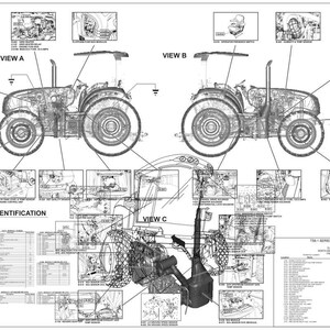 May include: Detailed technical diagram of a tractor, featuring multiple views (A, B, and C) and close-up illustrations of various components. Includes fuse and relay identification, with labels and diagrams for electrical systems.