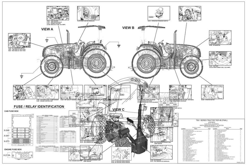 May include: Detailed technical diagram of a tractor, featuring multiple views (A, B, and C) and close-up illustrations of various components. Includes fuse and relay identification, with labels and diagrams for electrical systems.