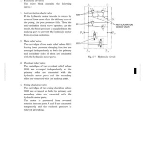 May include: A technical document page titled 5.3.3 RELIEF VALVE BLOCK featuring a black and white hydraulic circuit diagram labeled Fig. 5-7. The text explains the operating principles of anti-cavitation, main relief, overload, and swing shockless valves.