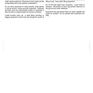 May include: A white document page titled 2 - SAFETY INFORMATION containing black text instructions regarding the operation of heavy machinery, loader buckets, and lifting equipment, including warnings about center of gravity and visibility.