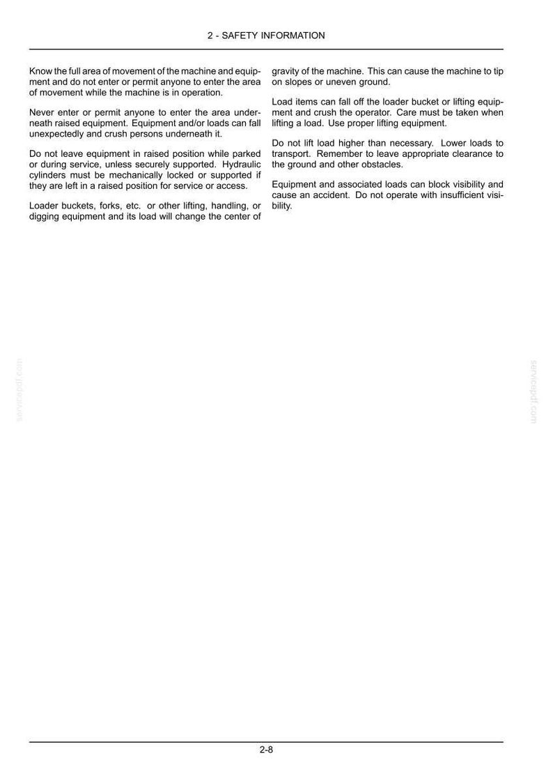 May include: A white document page titled 2 - SAFETY INFORMATION containing black text instructions regarding the operation of heavy machinery, loader buckets, and lifting equipment, including warnings about center of gravity and visibility.