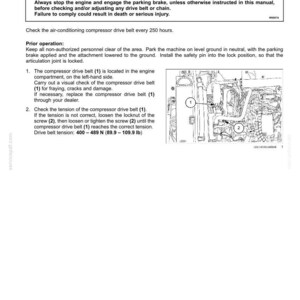 May include: A page from a maintenance manual detailing how to check a compressor drive belt. The text includes a warning about entanglement hazards and instructions for checking the belt's tension, with a diagram showing the belt's location.