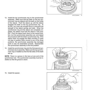 May include: Diagram of power shuttle transmission internal components. Step-by-step instructions with illustrations show the assembly of the synchronizer ring and other parts. The image includes text and numbered labels for each step.