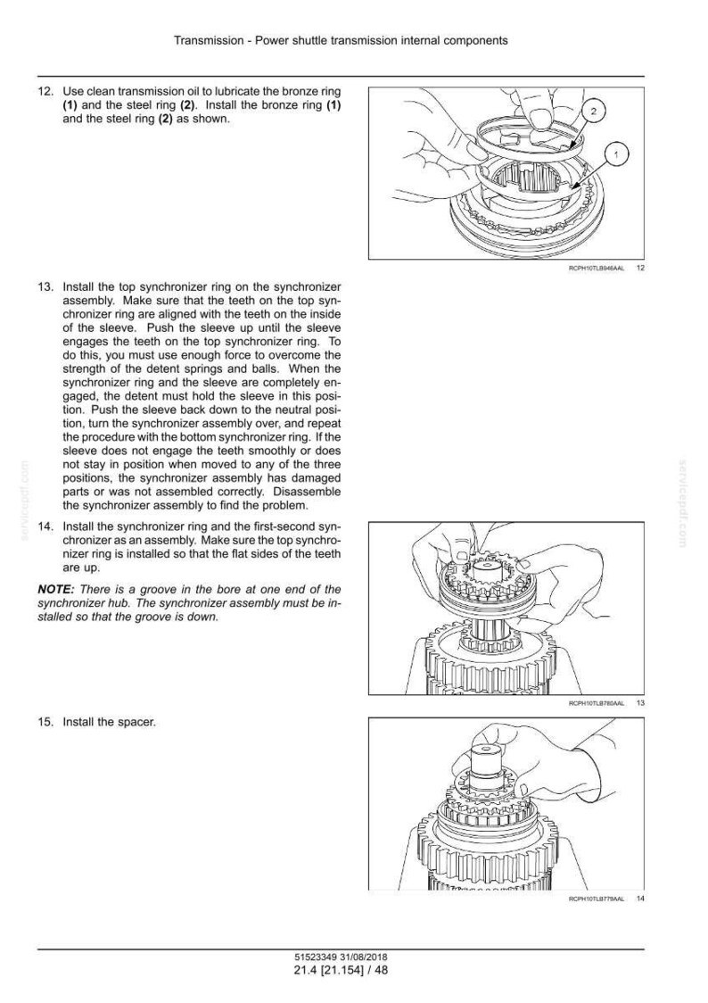 May include: Diagram of power shuttle transmission internal components. Step-by-step instructions with illustrations show the assembly of the synchronizer ring and other parts. The image includes text and numbered labels for each step.