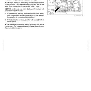 May include: A technical maintenance manual page titled 7-MAINTENANCE featuring a black and white line drawing of a vehicle battery. The text provides instructions for checking battery fluid levels, noting a minimum of 4.8 mm (0.2 in) from the lid.