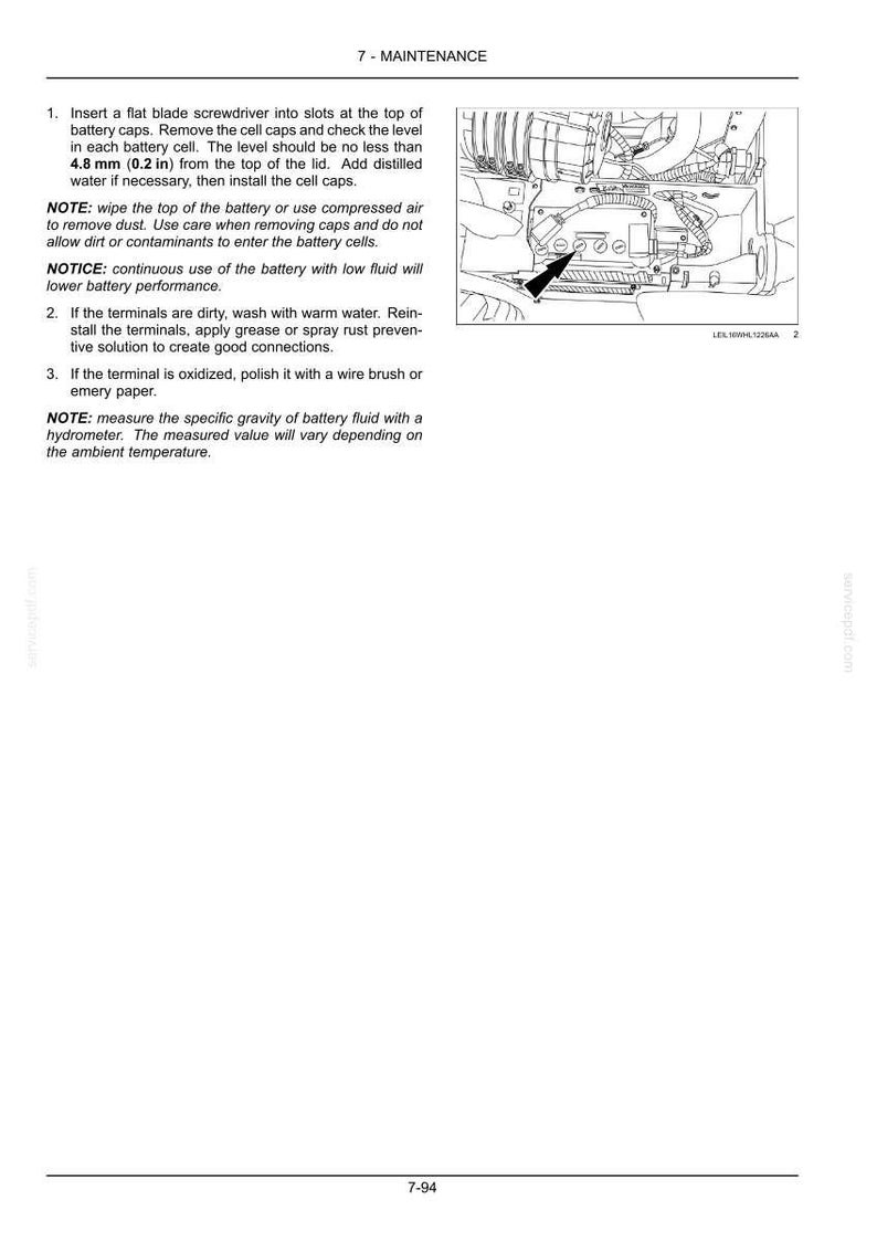 May include: A technical maintenance manual page titled 7-MAINTENANCE featuring a black and white line drawing of a vehicle battery. The text provides instructions for checking battery fluid levels, noting a minimum of 4.8 mm (0.2 in) from the lid.
