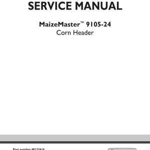 May include: A white service manual titled "SERVICE MANUAL" with the text "MaizeMaster 9105-24 Corn Header." The manual includes the part number 48123416 and the New Holland Agriculture logo.