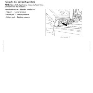 May include: Diagram of hydraulic diagnostic test ports on a machine. The image includes text describing the ports and their functions, such as loader pressure and steering pressure. An arrow points to a specific area.