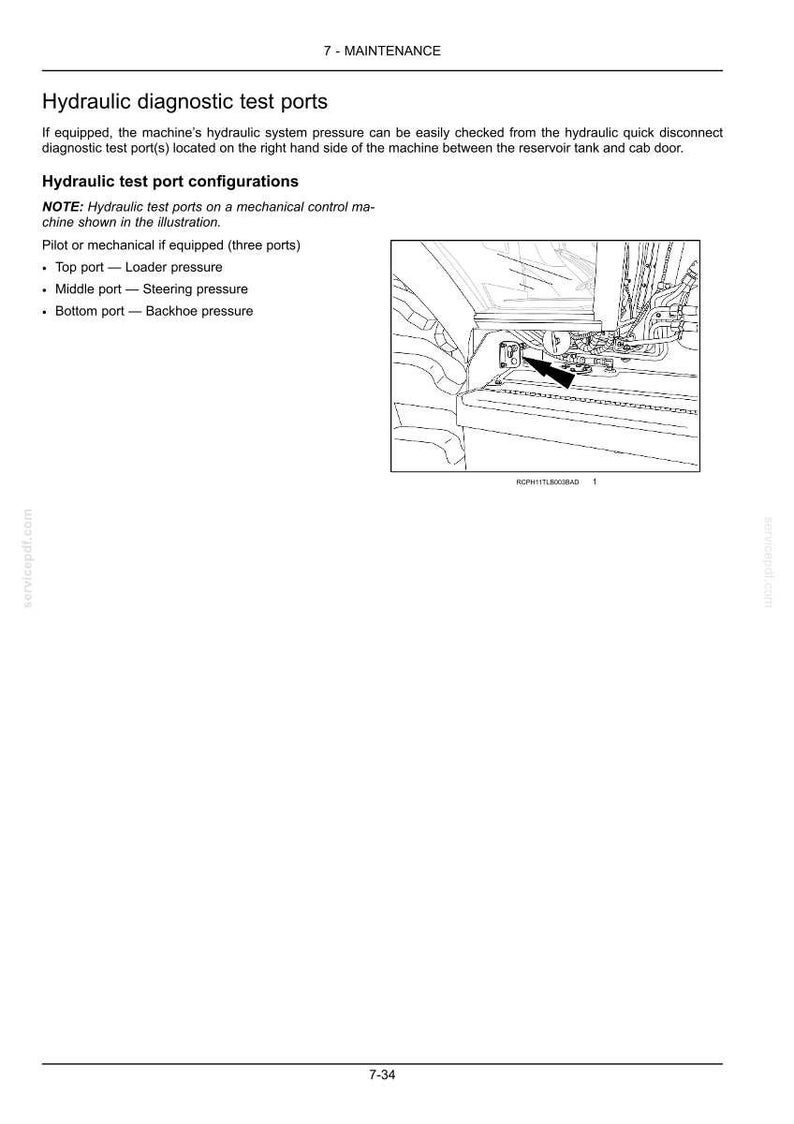 May include: Diagram of hydraulic diagnostic test ports on a machine. The image includes text describing the ports and their functions, such as loader pressure and steering pressure. An arrow points to a specific area.
