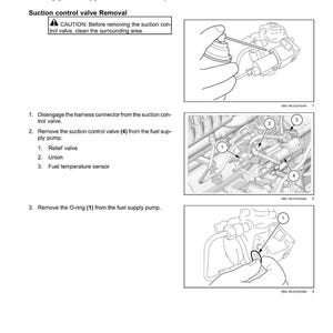 May include: Diagram of fuel injection system components with labels and instructions for removal. Includes images of the suction control valve, fuel supply pump, and O-ring. Text includes safety warnings and numbered steps.