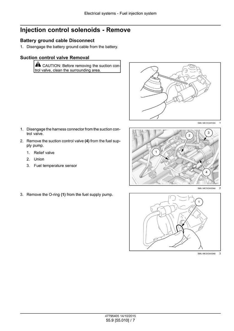 May include: Diagram of fuel injection system components with labels and instructions for removal. Includes images of the suction control valve, fuel supply pump, and O-ring. Text includes safety warnings and numbered steps.