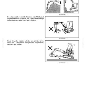 May include: Diagrams illustrating safety information for an excavator. The images show incorrect operating procedures, marked with an 'X', including tipping, bucket operation, and lifting with the arm cylinder. Text at the top reads '2 - SAFETY INFORMATION'.