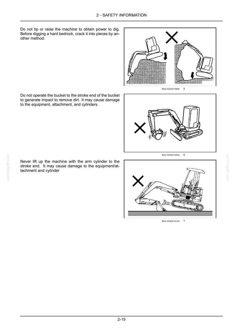 May include: Diagrams illustrating safety information for an excavator. The images show incorrect operating procedures, marked with an 'X', including tipping, bucket operation, and lifting with the arm cylinder. Text at the top reads '2 - SAFETY INFORMATION'.