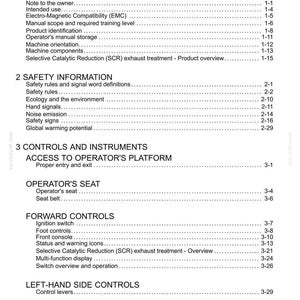 May include: A page from a manual titled "Contents" with a list of topics including General Information, Safety Information, and Controls and Instruments. The text is black on a white background.