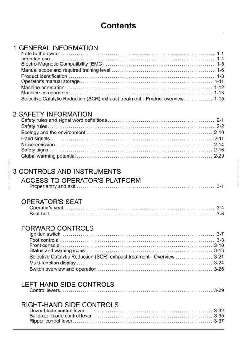May include: A page from a manual titled "Contents" with a list of topics including General Information, Safety Information, and Controls and Instruments. The text is black on a white background.