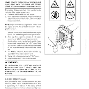 May include: Diagram of a machine's cooling system, including the radiator, expansion tank, and coolant level indicators. Instructions detail checking and maintaining coolant levels, with warnings about hot fluids and surfaces. Text includes safety precautions.