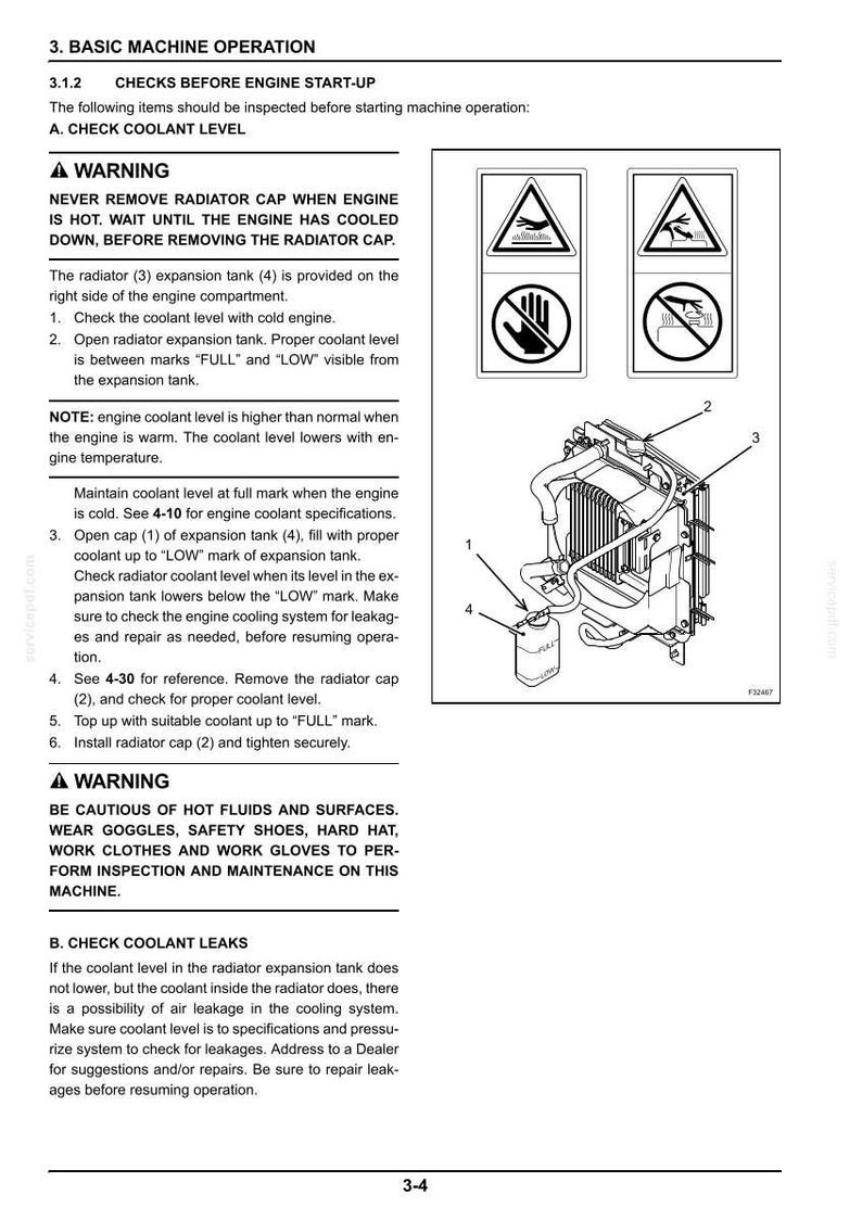 May include: Diagram of a machine's cooling system, including the radiator, expansion tank, and coolant level indicators. Instructions detail checking and maintaining coolant levels, with warnings about hot fluids and surfaces. Text includes safety precautions.