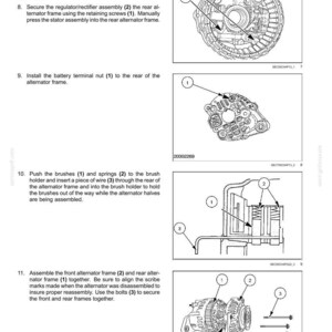 May include: Diagram of an alternator assembly process, with numbered components and instructions. Includes detailed illustrations of the regulator/rectifier assembly, battery terminal nut, brushes, springs, and front and rear alternator frames. Text includes "Electrical systems - Alternator".