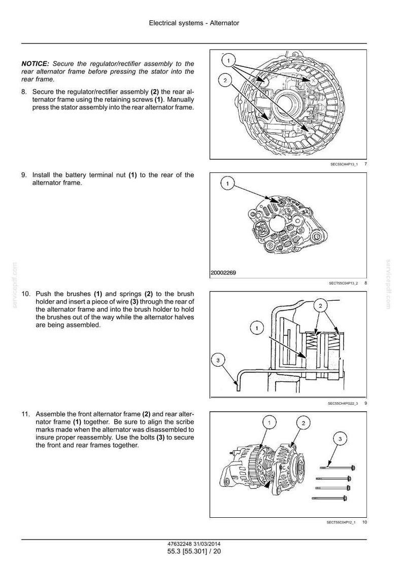 May include: Diagram of an alternator assembly process, with numbered components and instructions. Includes detailed illustrations of the regulator/rectifier assembly, battery terminal nut, brushes, springs, and front and rear alternator frames. Text includes "Electrical systems - Alternator".