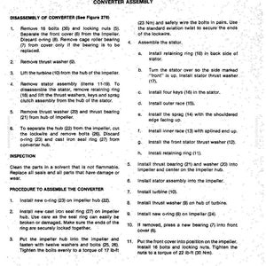May include: A detailed technical diagram with instructions for disassembling and repairing a converter assembly. The text includes steps for removing bolts, washers, and bearings, with torque specifications in lb-ft and Nm. The page number 274 is visible.