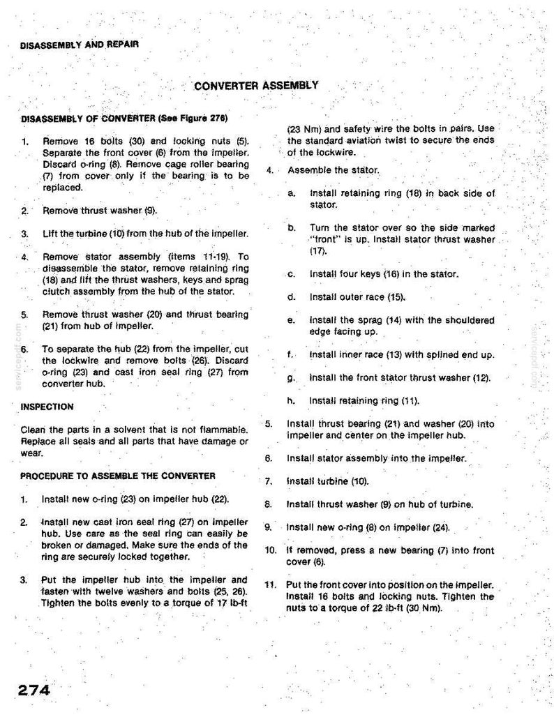 May include: A detailed technical diagram with instructions for disassembling and repairing a converter assembly. The text includes steps for removing bolts, washers, and bearings, with torque specifications in lb-ft and Nm. The page number 274 is visible.