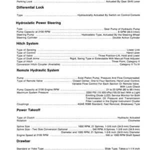 May include: A detailed technical document with specifications for a tractor's systems, including parking lock, differential lock, hydrostatic power steering, hitch system, and remote hydraulic system. Features include pump capacity, pressure, and spline sizes.