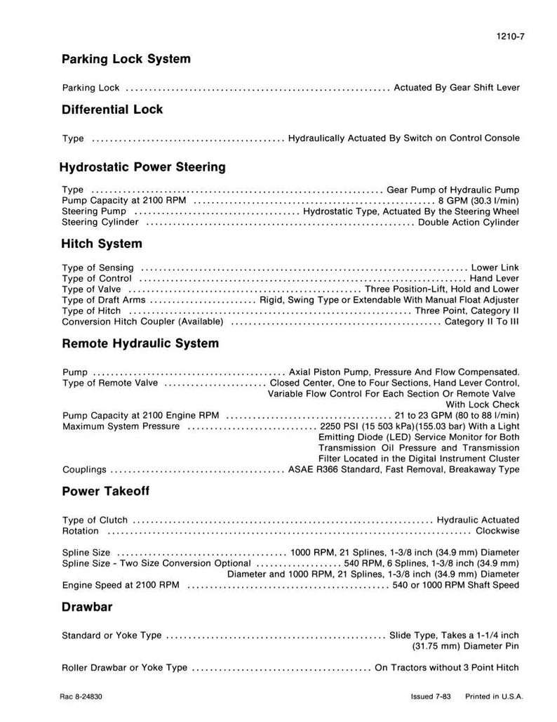 May include: A detailed technical document with specifications for a tractor's systems, including parking lock, differential lock, hydrostatic power steering, hitch system, and remote hydraulic system. Features include pump capacity, pressure, and spline sizes.