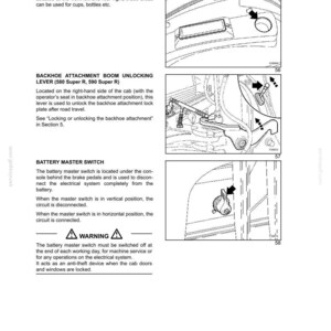 Puede incluir: Diagramas de controles e instrumentos de m&aacute;quinas, incluyendo &aacute;reas de almacenamiento, una palanca de desbloqueo de la pluma de la retroexcavadora y un interruptor principal de bater&iacute;a. Incluye instrucciones y advertencias de seguridad.