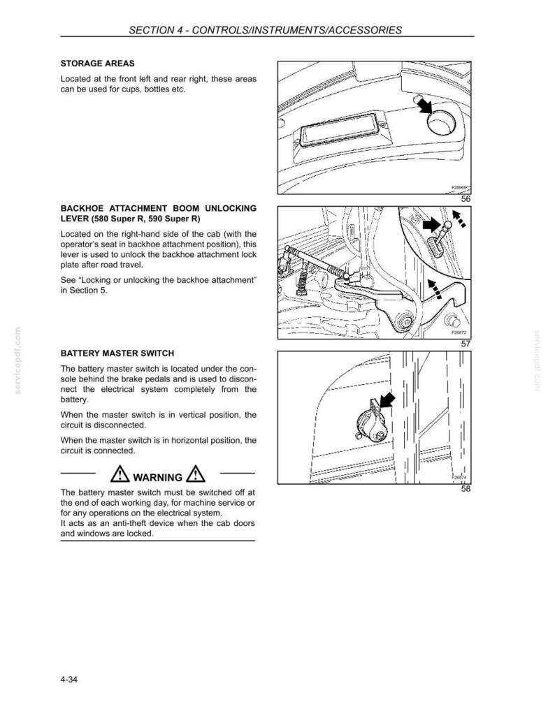 Puede incluir: Diagramas de controles e instrumentos de m&aacute;quinas, incluyendo &aacute;reas de almacenamiento, una palanca de desbloqueo de la pluma de la retroexcavadora y un interruptor principal de bater&iacute;a. Incluye instrucciones y advertencias de seguridad.