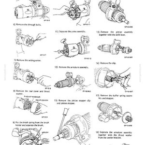 May include: A technical manual page titled Electrical System showing black and white line drawings for disassembling a starter motor. The document includes numbered steps from 5 to 18, illustrating components like the plunger, spring, brush holder, armature, pinion assembly, and various clips.