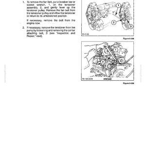 Pu&ograve; includere: Una pagina di manuale tecnico intitolata SECTION 6 - ENGINE contenente le istruzioni per la rimozione della cinghia della ventola. Presenta due disegni al tratto in bianco e nero di un gruppo motore con componenti numerati 1, 2 e 3.