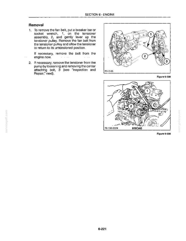 Pu&ograve; includere: Una pagina di manuale tecnico intitolata SECTION 6 - ENGINE contenente le istruzioni per la rimozione della cinghia della ventola. Presenta due disegni al tratto in bianco e nero di un gruppo motore con componenti numerati 1, 2 e 3.