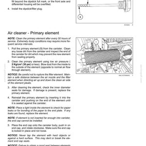 May include: A technical manual page titled 7-MAINTENANCE featuring instructions for an air cleaner primary element. It includes a diagram of a dipstick with A and B marks and a line drawing showing the removal of a cylindrical air filter element.