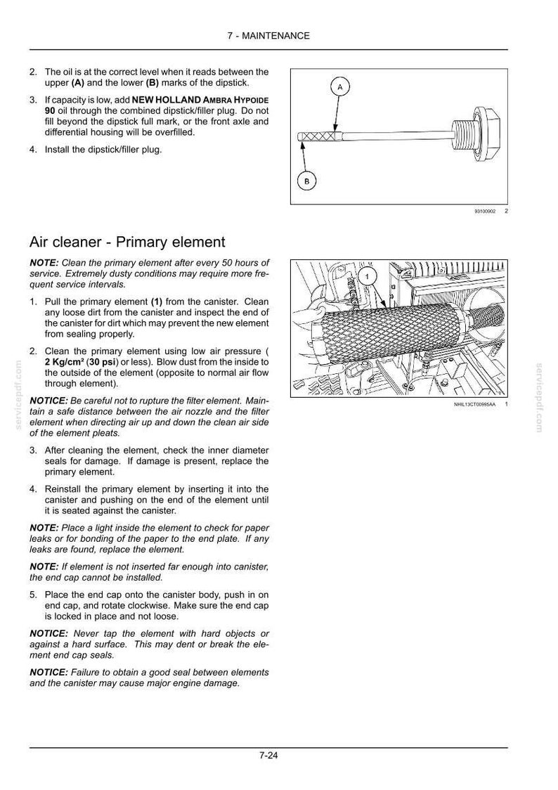 May include: A technical manual page titled 7-MAINTENANCE featuring instructions for an air cleaner primary element. It includes a diagram of a dipstick with A and B marks and a line drawing showing the removal of a cylindrical air filter element.