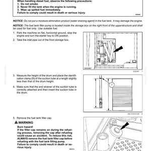 May include: Diagram of a fuel tank filler pump with safety warnings. Instructions include not smoking, not filling the tank while the engine is running, and wiping up spilled fuel. Illustrations show pump components.