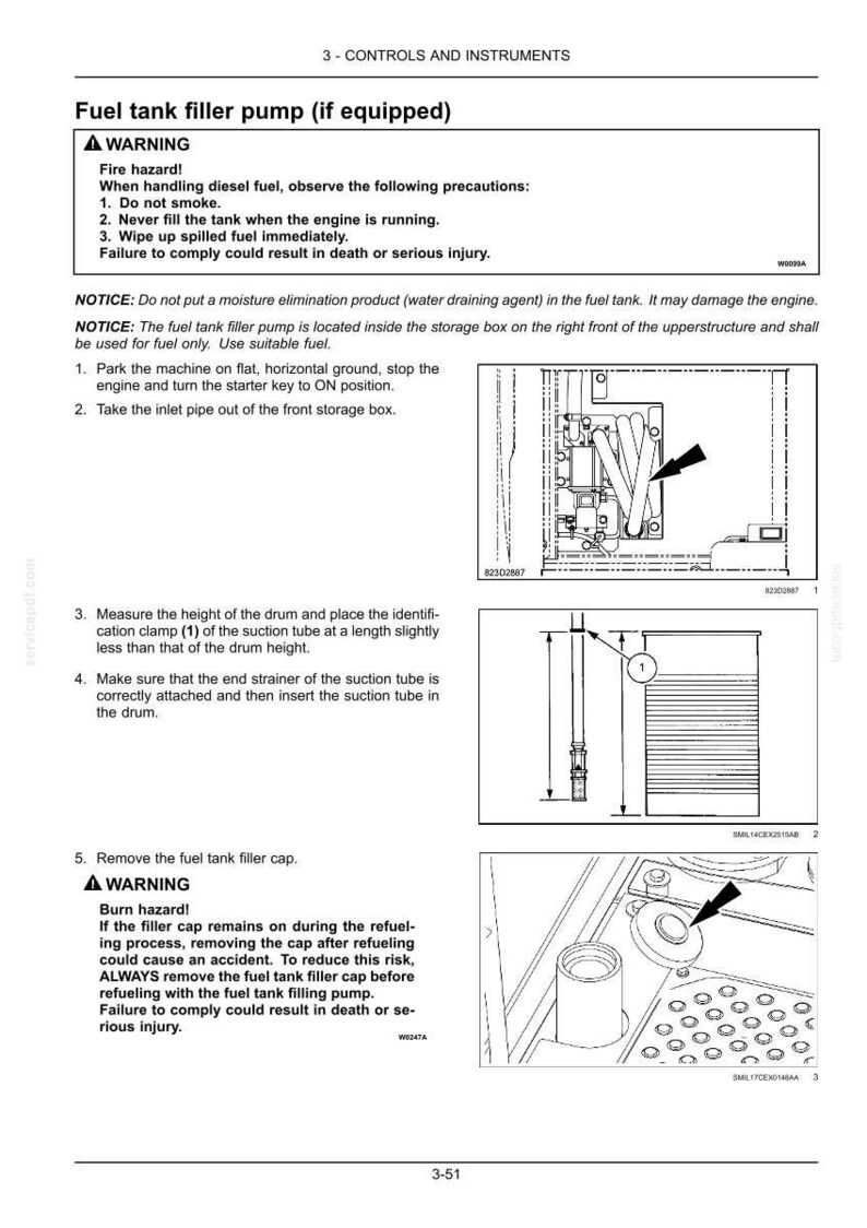 May include: Diagram of a fuel tank filler pump with safety warnings. Instructions include not smoking, not filling the tank while the engine is running, and wiping up spilled fuel. Illustrations show pump components.