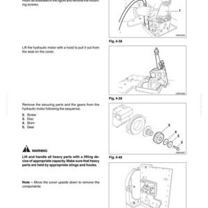 May include: Diagram from a manual detailing the disassembly of a transmission housing cover. The image includes illustrations of components, including screws, discs, and gears, with labels and figure numbers. Text provides instructions and safety warnings.