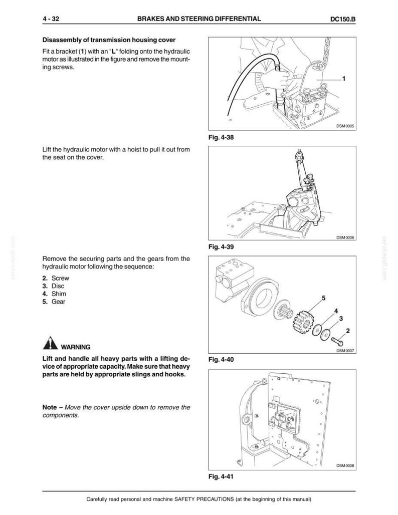 May include: Diagram from a manual detailing the disassembly of a transmission housing cover. The image includes illustrations of components, including screws, discs, and gears, with labels and figure numbers. Text provides instructions and safety warnings.