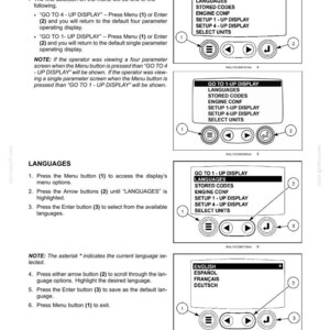Puede incluir: Una p&aacute;gina de manual que muestra las opciones del men&uacute; de visualizaci&oacute;n y las instrucciones de selecci&oacute;n de idioma. La pantalla muestra opciones como IDIOMAS, C&Oacute;DIGOS ALMACENADOS y CONFIGURACI&Oacute;N 1-UP DISPLAY. El texto incluye instrucciones.