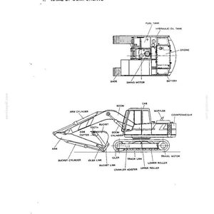 May include: A technical diagram titled SECTION II SPECIFICATION 1. NAME OF COMPONENTS showing a black and white line drawing of an excavator. Labels identify parts including the fuel tank, hydraulic oil tank, engine, battery, boom, cab, bucket, and tracks.