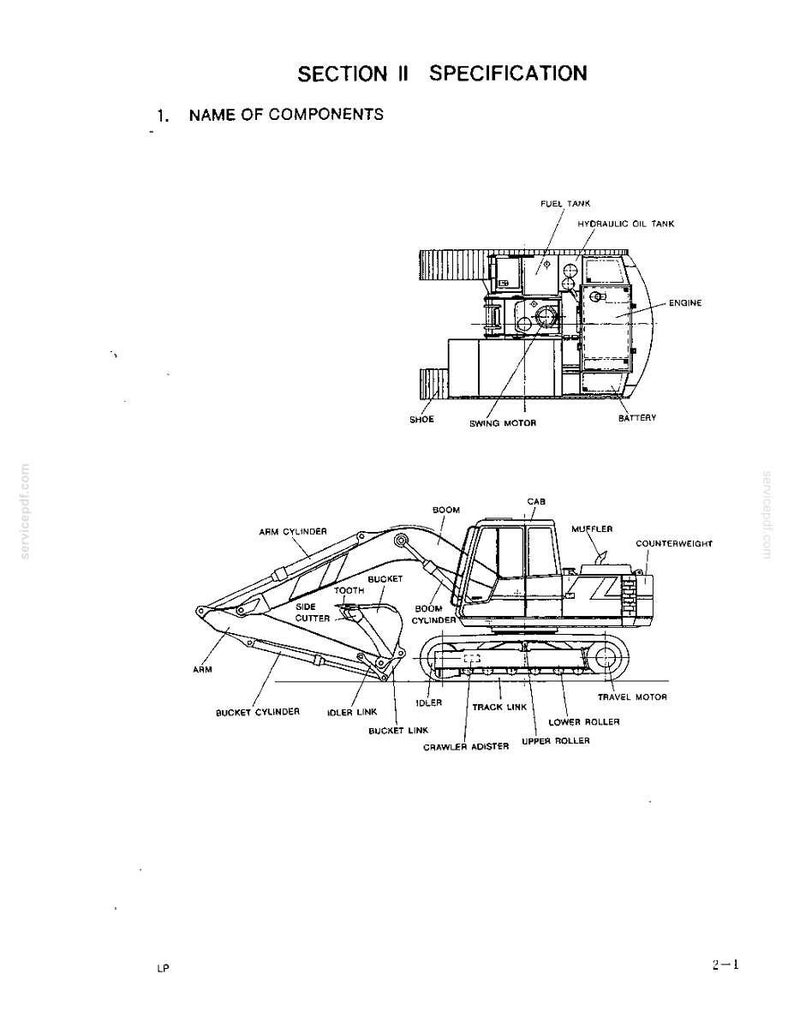 May include: A technical diagram titled SECTION II SPECIFICATION 1. NAME OF COMPONENTS showing a black and white line drawing of an excavator. Labels identify parts including the fuel tank, hydraulic oil tank, engine, battery, boom, cab, bucket, and tracks.