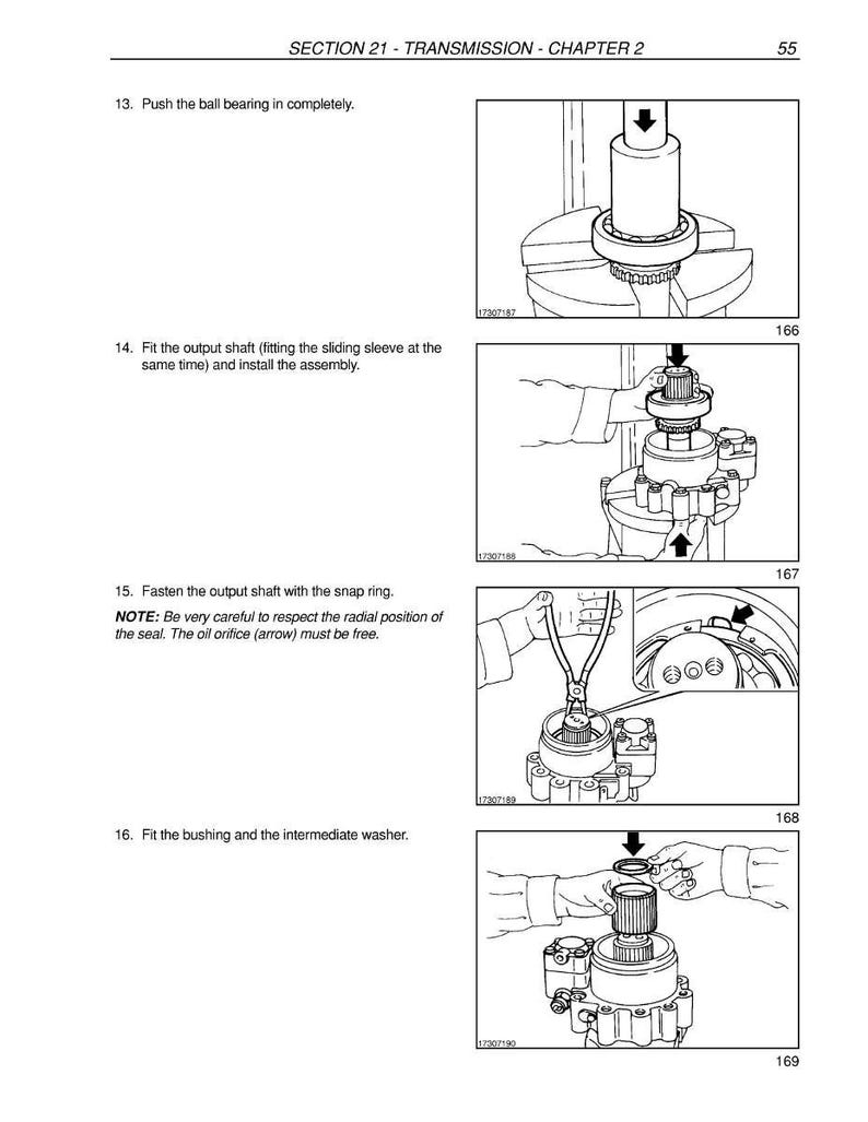 May include: A page from a manual with diagrams and instructions for transmission repair. The text reads "SECTION 21 - TRANSMISSION - CHAPTER 2". The diagrams show the steps for assembling and installing parts, including a ball bearing, output shaft, and snap ring.