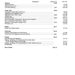 K&ouml;nnte beinhalten: Eine Seite aus dem Servicehandbuch f&uuml;r den Traktor der 9100er Serie mit einem Inhaltsverzeichnis. Die Abschnitte umfassen Lenkung, Antriebsstrang, Bremsen, Hydraulik und Fahrgestell. Gedruckt in den USA im Dezember 1989.