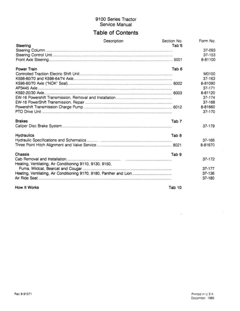 K&ouml;nnte beinhalten: Eine Seite aus dem Servicehandbuch f&uuml;r den Traktor der 9100er Serie mit einem Inhaltsverzeichnis. Die Abschnitte umfassen Lenkung, Antriebsstrang, Bremsen, Hydraulik und Fahrgestell. Gedruckt in den USA im Dezember 1989.