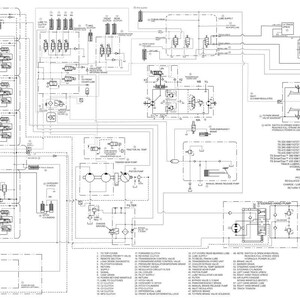 Op de afbeelding: Gedetailleerd schema van een mechanisch systeem, met talrijke onderling verbonden componenten, lijnen en labels. Het diagram is in zwart-wit, met de nadruk op technische details en technisch ontwerp. De lay-out bevat verschillende symbolen en notaties.