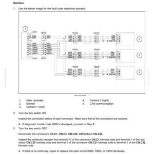 May include: Diagram of an electrical system with fault codes, including a control module and camera abnormality details. The diagram shows connectors, wiring, and component labels for troubleshooting. Text includes instructions for resolving the fault.