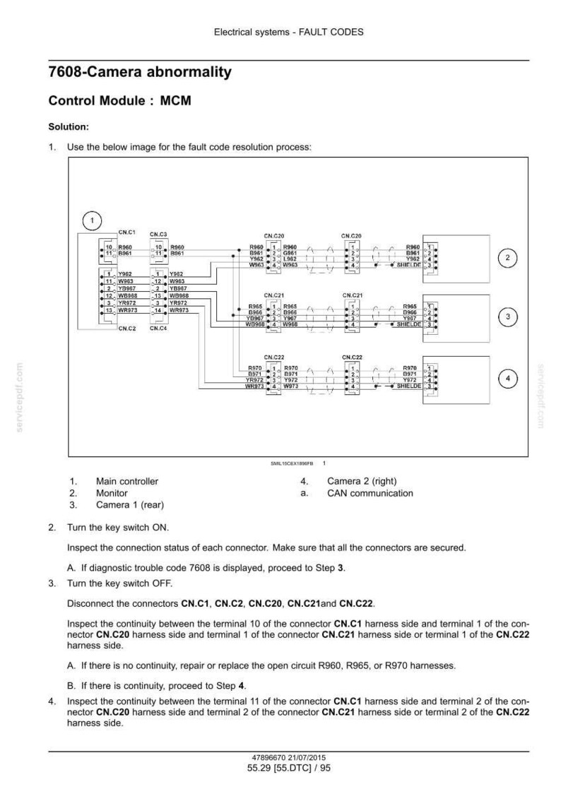 May include: Diagram of an electrical system with fault codes, including a control module and camera abnormality details. The diagram shows connectors, wiring, and component labels for troubleshooting. Text includes instructions for resolving the fault.