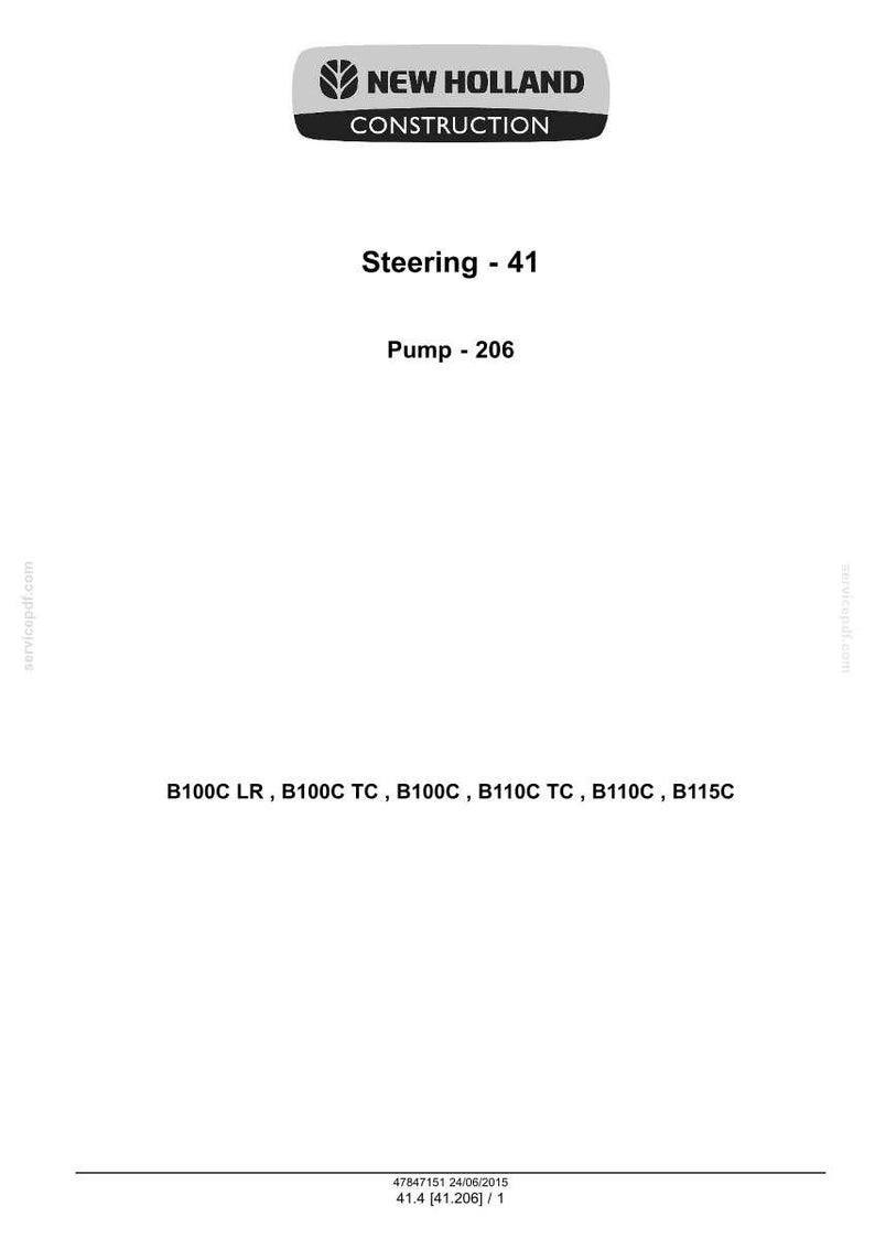 May include: A document with the New Holland Construction logo at the top. Text includes "Steering - 41" and "Pump - 206". Below are model numbers: B100C LR, B100C TC, B100C, B110C TC, B110C, B115C.